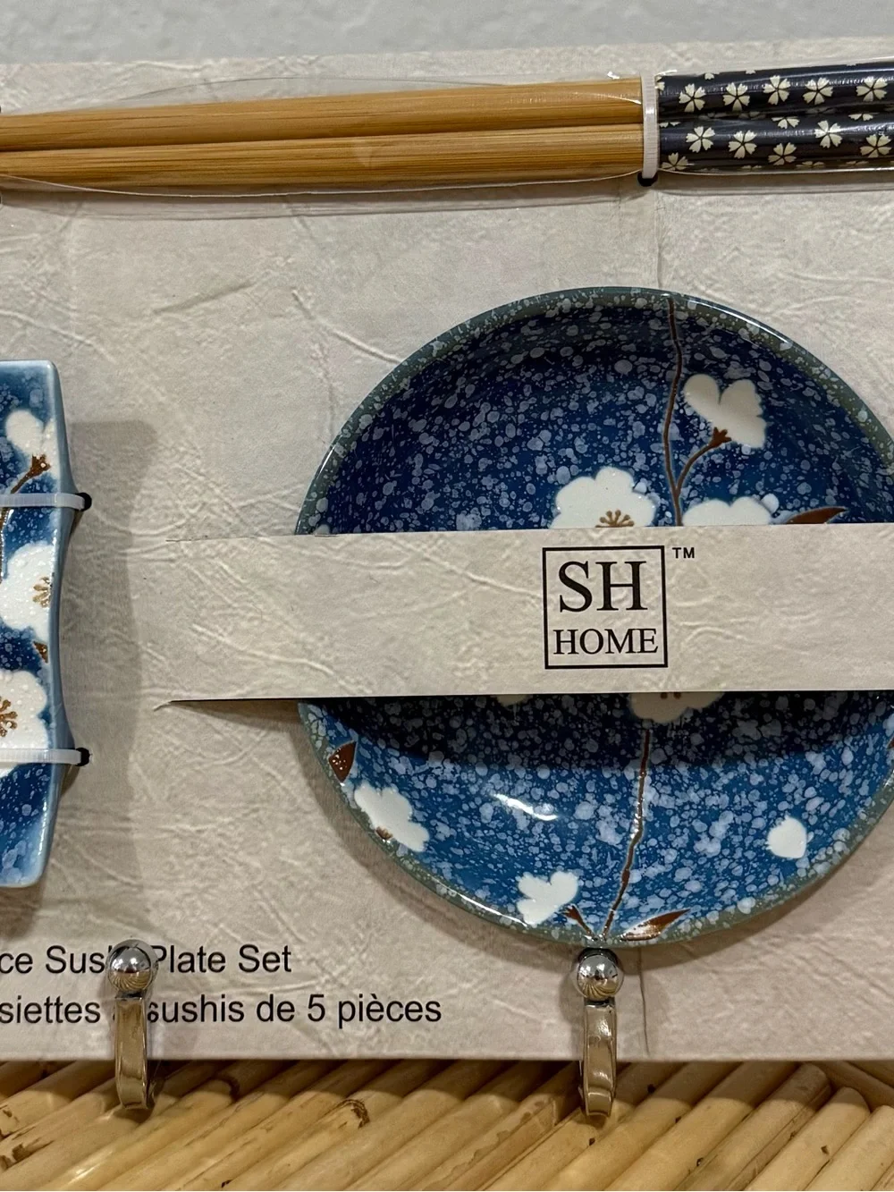 SH Home 5-Piece Ceramic Sushi Plate Set Blue Sakura Cherry Blossom Design